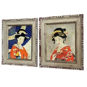 Japanese Traditional Art of Geisha - Handmade Beaded Art - Ukiyoe Wall Art Pair